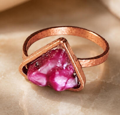 Handmade copper ring with pink stone from the Road Talismans collection