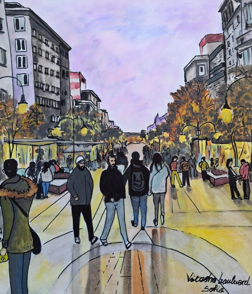 Travel watercolor painting of Sofia Boulevard with city lights, walking figures and autumn trees.