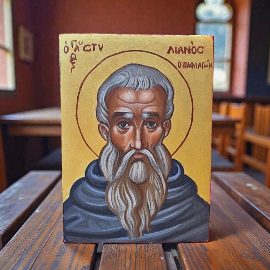 Hand-painted Byzantine icon of Saint Stylianos in egg tempera on marine plywood, with a gold-toned background.